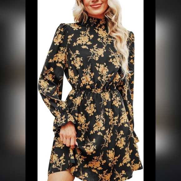 Cupshe Dresses & Skirts - CUPSHE Women's Mock Neck Floral Mini Boho Dress Long Ruffle Sleeve Elastic Waist